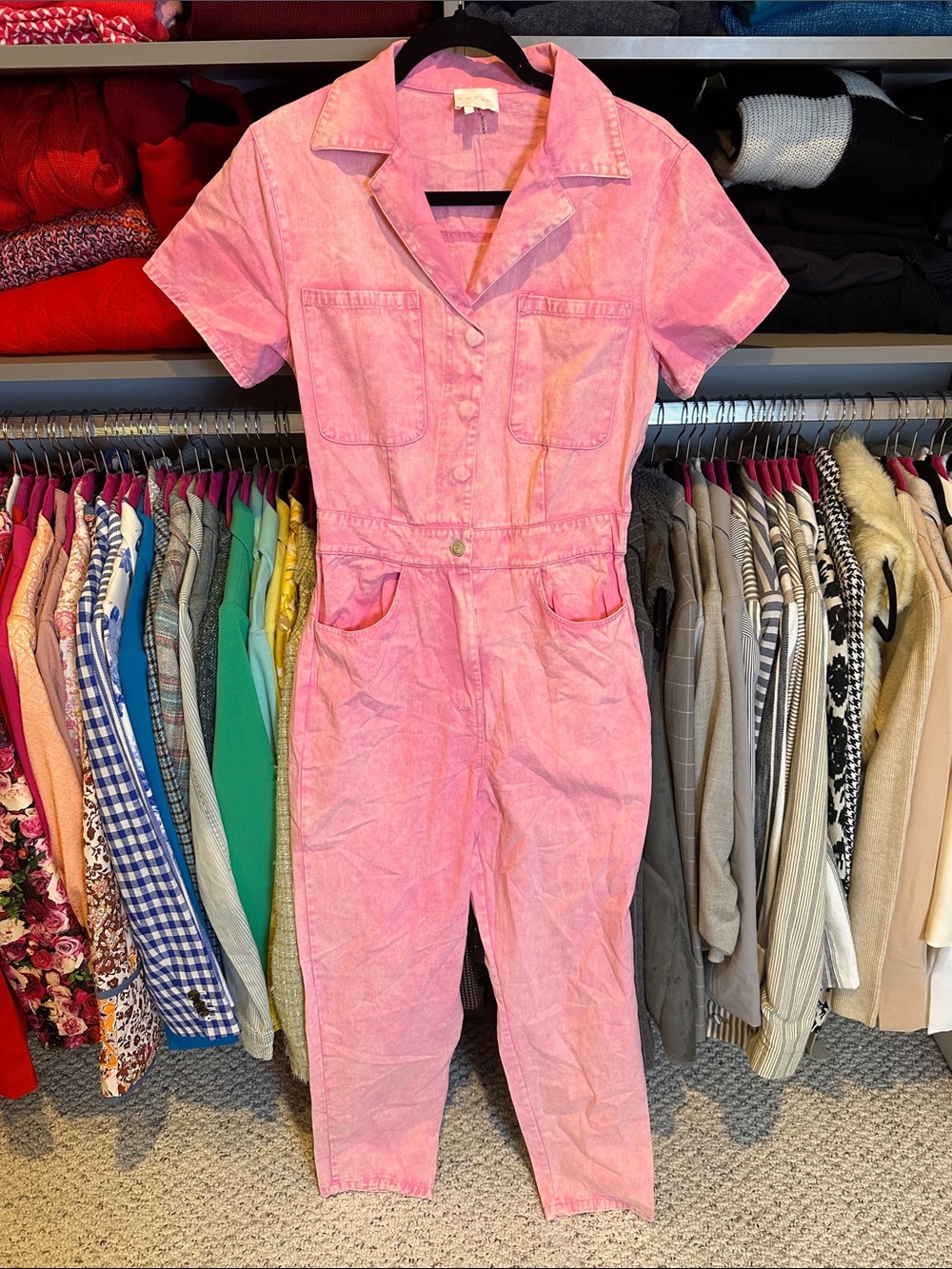 Entro pink short sleeve 5 pocket snap from closure jumpsuit size S